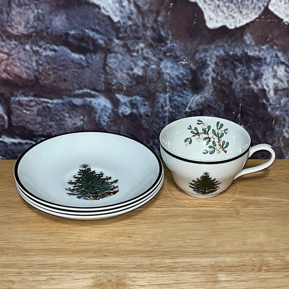 Cuthbertson Original Christmas Tree Coffee Teacup & Saucers Green Band England - Picture 2 of 13